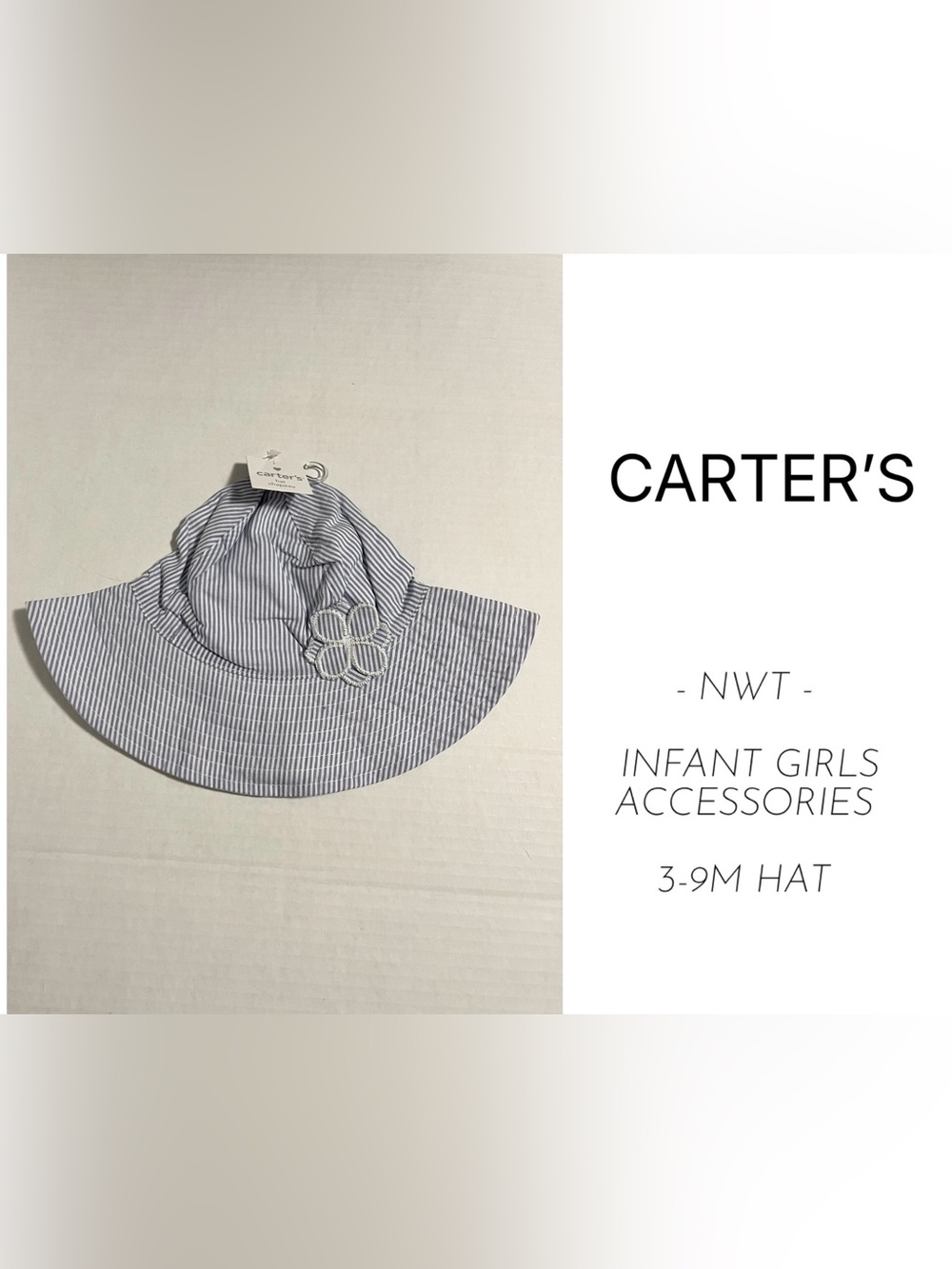 CARTER’S - 3/9M - NWT - INFANT GIRLS BLUE WHITE FLORAL STRIPE BUCKET / SUN HAT